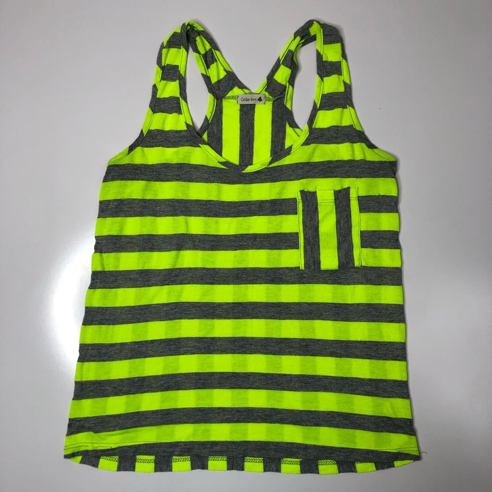 Cedar Tree Yellow Striped Referee Pocket Tank Top